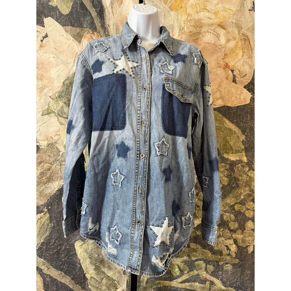 New Free People x One Teaspoon JOHNNY BLUE STAR CLASSIC EVERYDAY SHIRT Size S - Picture 11 of 14
